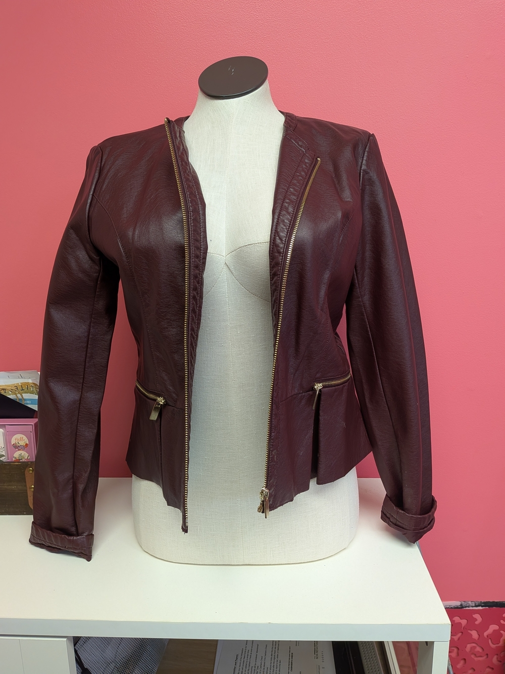 New York & Company Women's Burgundy Faux Leather Zip Jacket